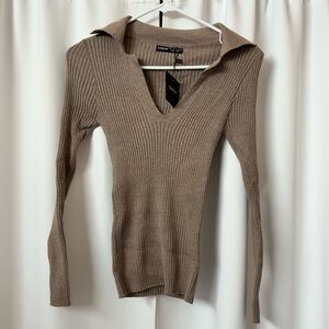 SHEIN Basics Neutral Brown Johnny Collar Long Sleeve Business Casual Top Large